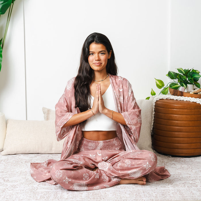 Dusty Rose Lotus Moon Lounge Set, worn seated