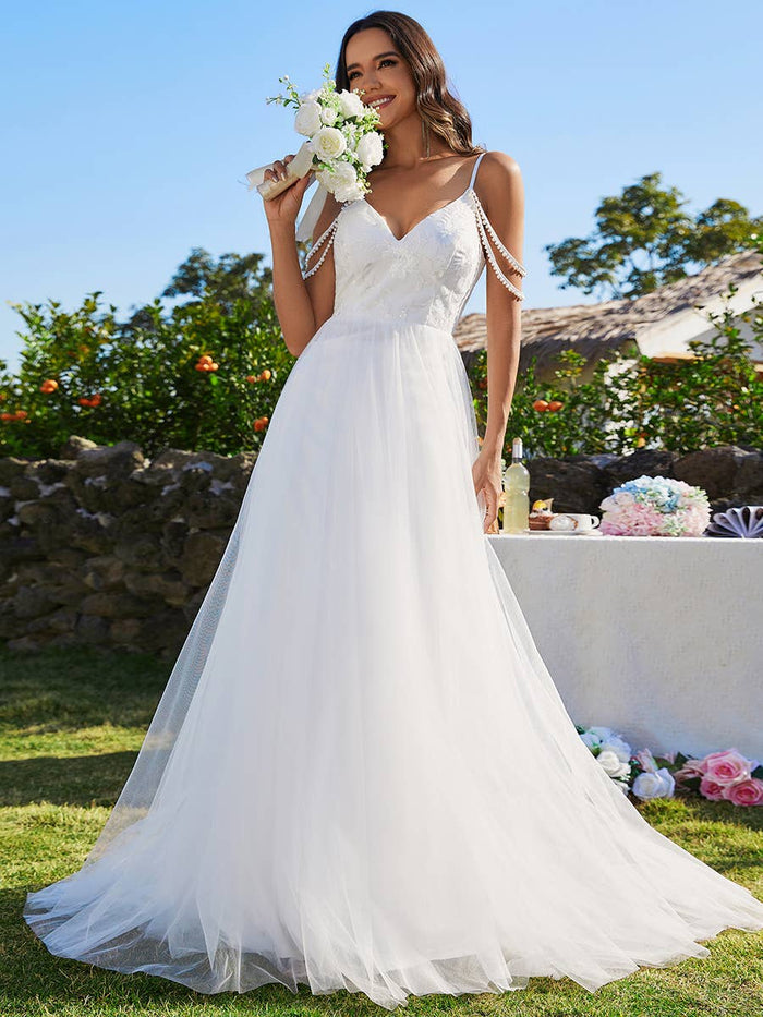 {Elegant Pearl Beaded Spaghetti Strap Cold Shoulder Tulle Wedding Dress Gown} - {} at {Linda Mariposa}