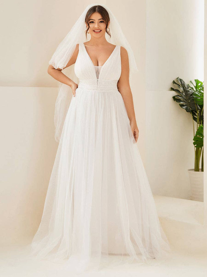 {Elegant Plus Size Backless A - Line Mesh Sleeveless Wedding Dress Glamour} - {} at {Linda Mariposa}