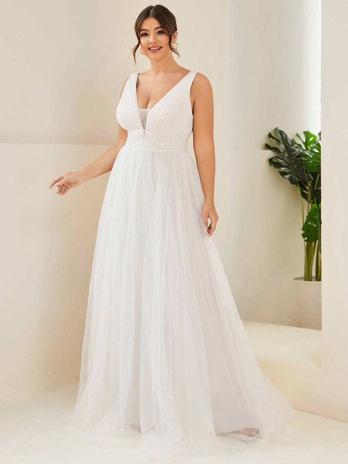 {Elegant Plus Size Backless A - Line Mesh Sleeveless Wedding Dress Glamour} - {} at {Linda Mariposa}