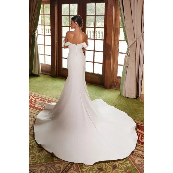 {Elegant Satin Off - Shoulder A - line Wedding Dress with Sheer Boned Back} - {} at {Linda Mariposa}