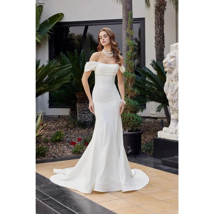 {Elegant Satin Off - Shoulder A - line Wedding Dress with Sheer Boned Back} - {} at {Linda Mariposa}