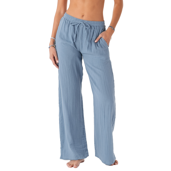 Elemental Blue Cotton Cabana Pants, front waist down