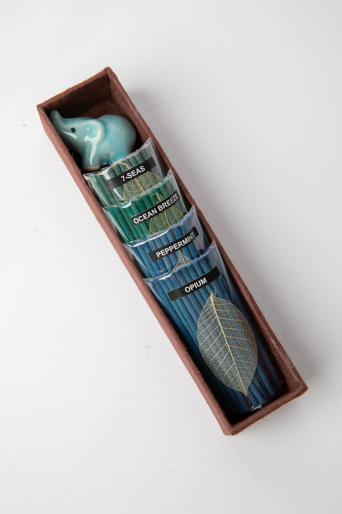 Assorted blue incense gift set with ocean-inspired scents and elephant holder
