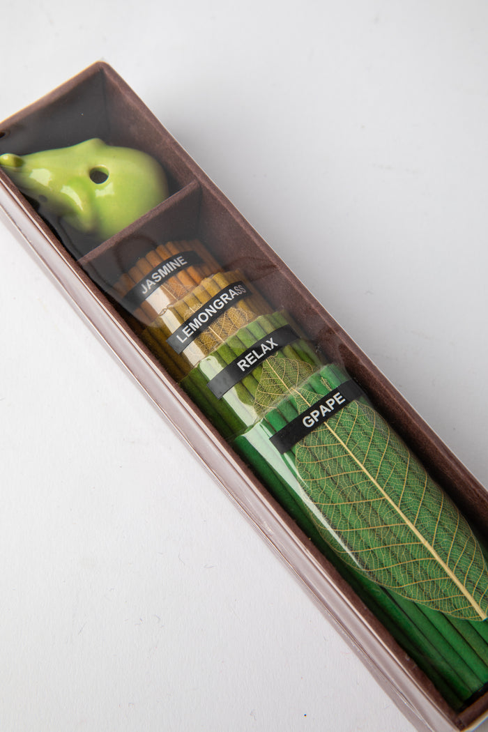 Green Elephant Incense Gift Set featuring ceramic holder and jasmine, lemongrass, and grape incense sticks