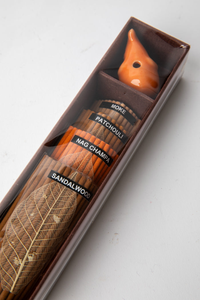 Orange Elephant Incense Gift Set with ceramic elephant incense holder and sandalwood, patchouli, nag champa scents