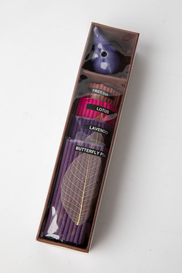 Purple Elephant Incense Gift Set with ceramic holder and lotus, lavender, butterfly pea incense sticks
