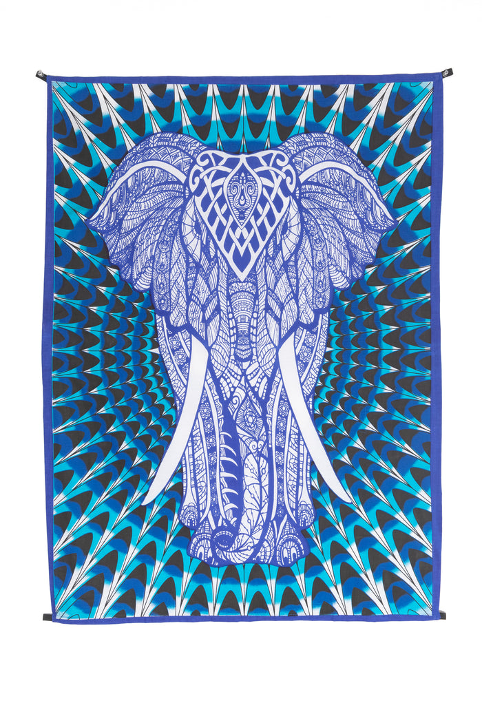 blue elephant wall hanging tapestry with intricate elephant design and geometric pattern