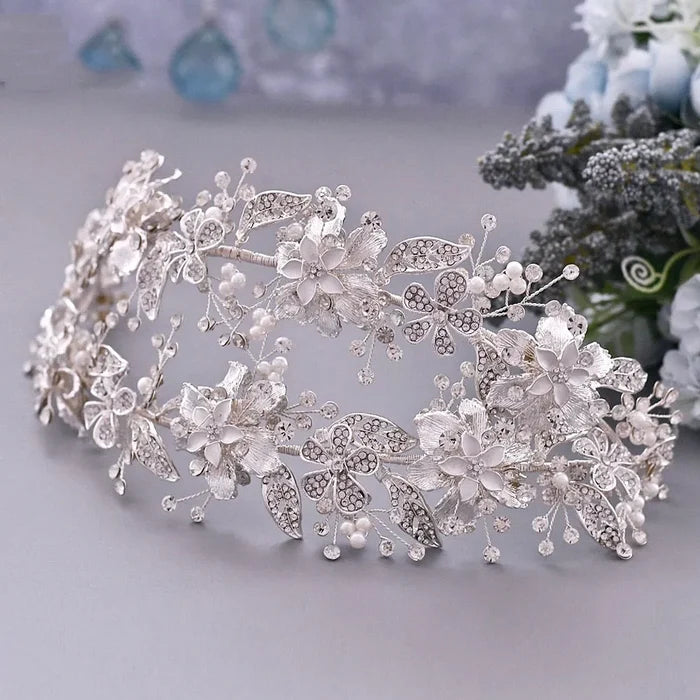 Wedding Hair Accessories - Silver Pearl and Crystal Bridal Double Headband/Vine