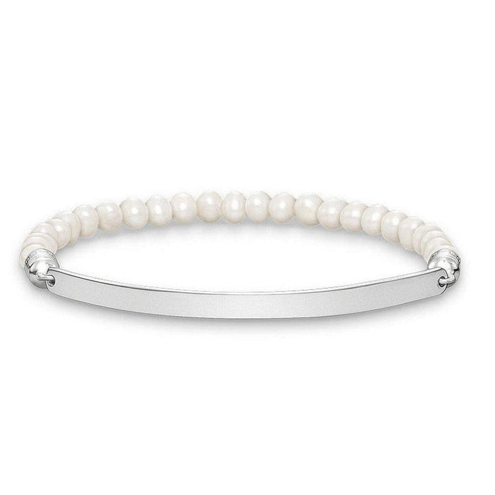Engravable ID bracelet with white pearl beads and silver bar
