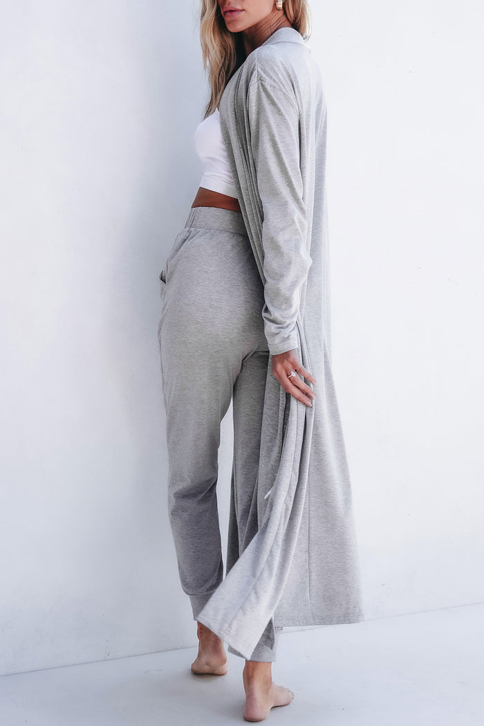 Ensemble de salon avec cardigan long fendu et pantalon slim gris clair-A WOMAN WE LOVE