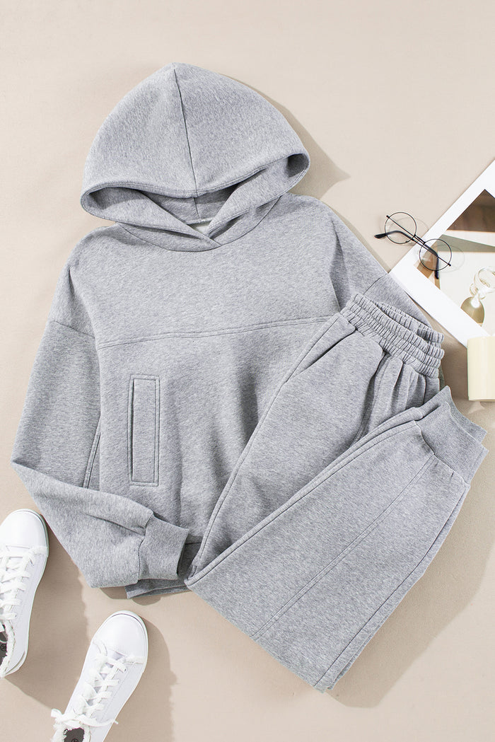 Ensemble de vêtements de sport gris uni à capuche et jogging à coutures apparentes-A WOMAN WE LOVE
