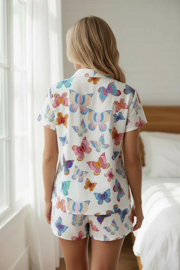 Ensemble pyjama chemise à manches courtes à motif papillon multicolore