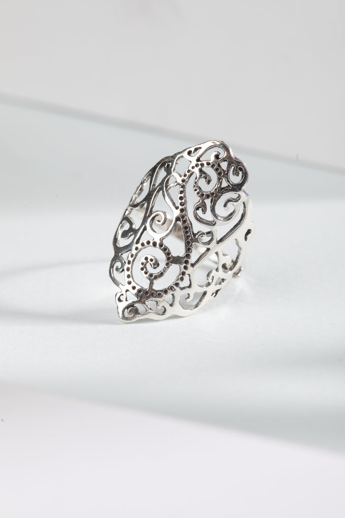 sterling silver filigree scroll ring with ornate curl design