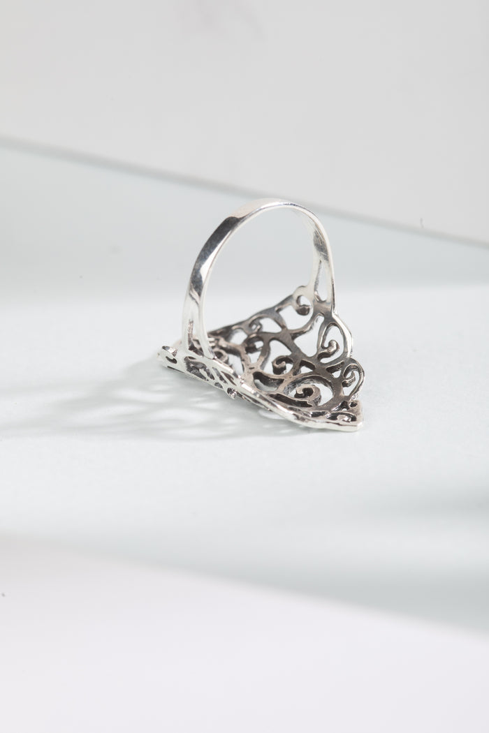 sterling silver filigree scroll ring with ornate curl design