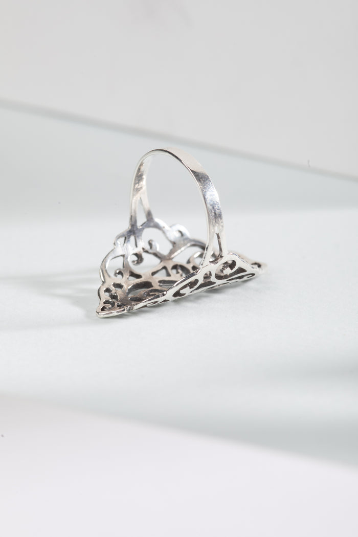 sterling silver filigree scroll ring with ornate curl design