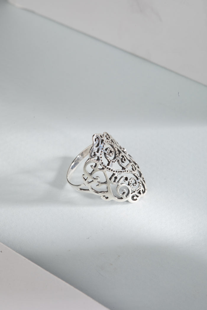 sterling silver filigree scroll ring with ornate curl design