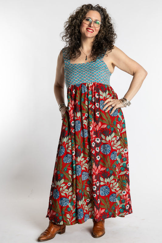 Susan wearing size M/L red floral Flora Fusion maxi dress with teal contrast top
