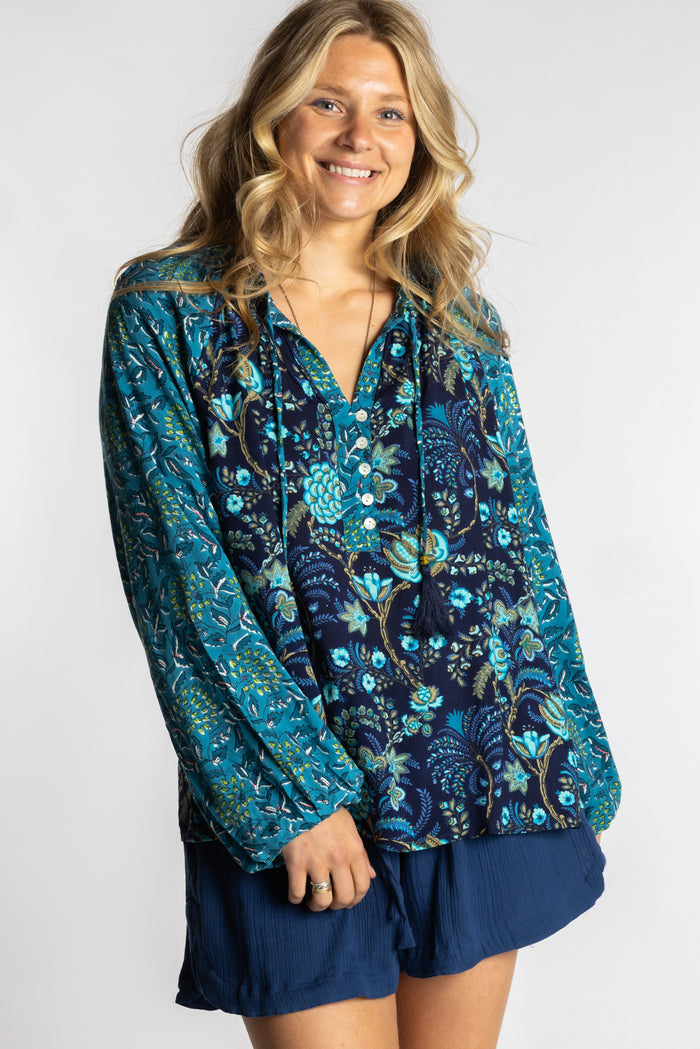 Sophie is wearing the mixed print navy boho floral poet blouse top