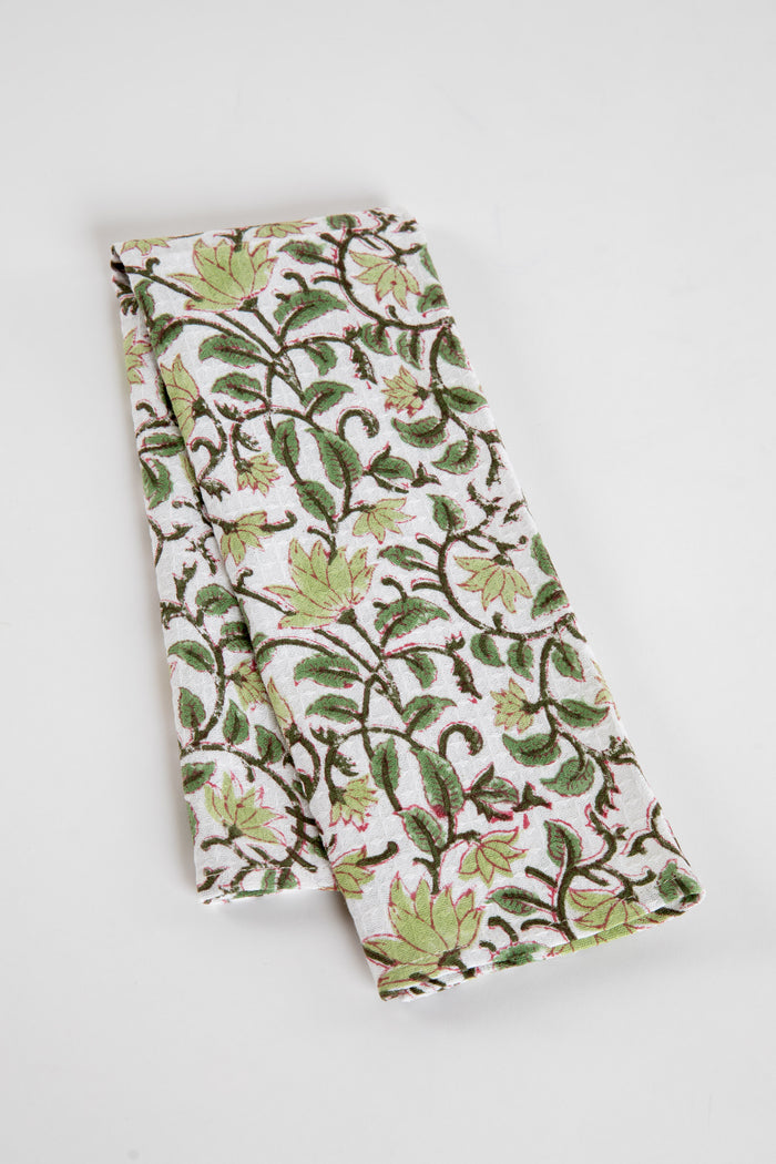 Green Floral Block Print Cotton Dish Towel