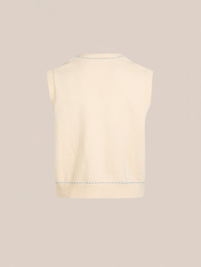 The Floral Embroidered Knit Vest by FOUND, showcased from the back on a simple backdrop, features visible stitching along the neckline and armholes. This vintage-inspired, unisex beige piece adds classic style to any wardrobe.