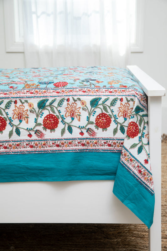 Block print floral tapestry in turquoise