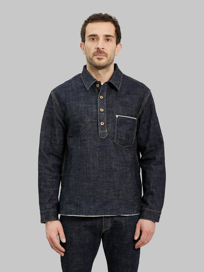 Fob factory denim pullover pocket shirt model front fit