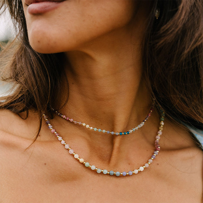 Free Spirit 3mm Healing Necklace, layered on neck