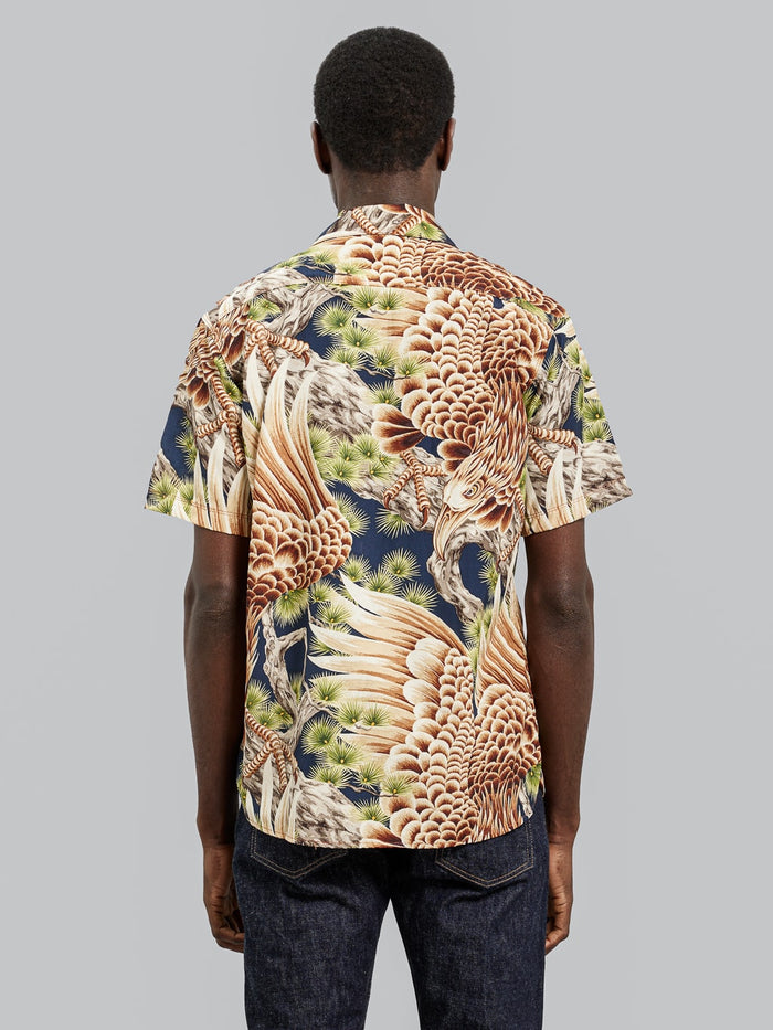 Freenote Cloth Hawaiian Navy Hawk Shirt model back fit