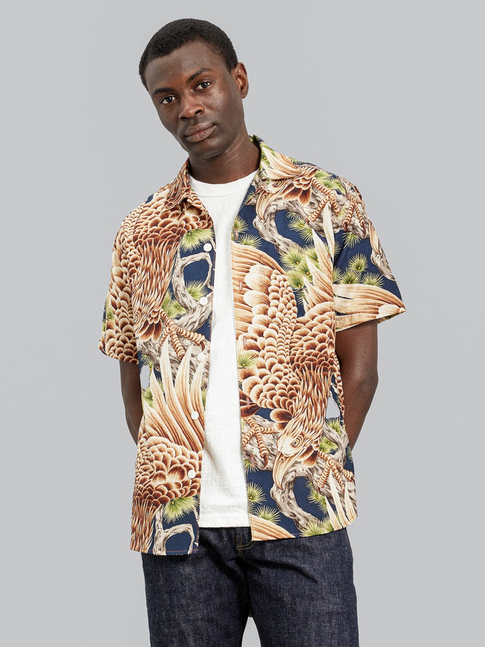 Freenote Cloth Hawaiian Navy Hawk Shirt open look