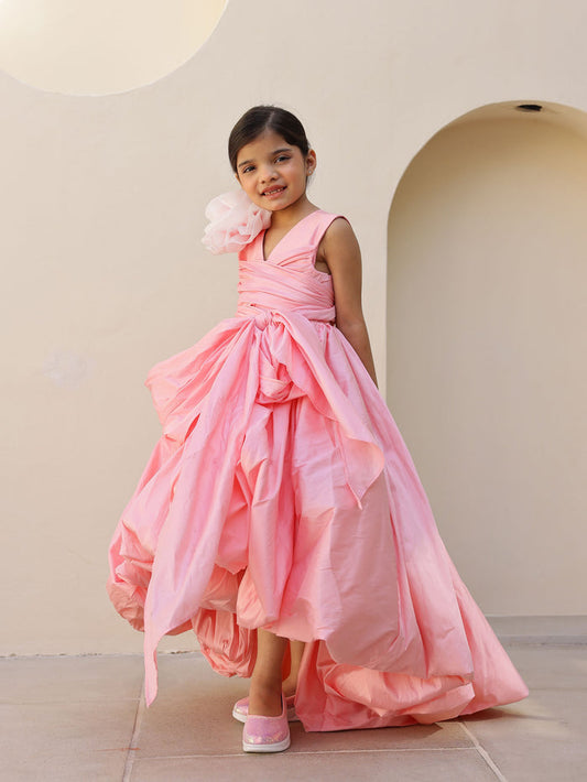 Girls Pink High Low Katarina Dress with hair pin