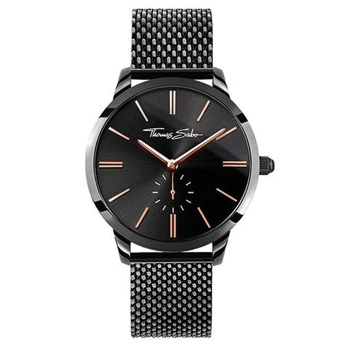 Glam Spirit watch, Thomas Sabo, black dial with rose gold hands, black metal mesh band.