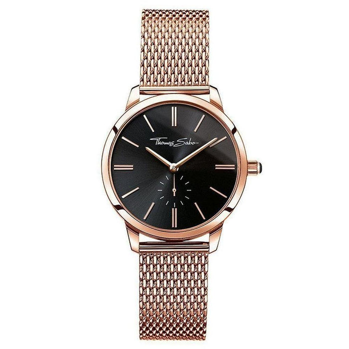 Glam Spirit watch with rose gold mesh band and black dial; Thomas Sabo.