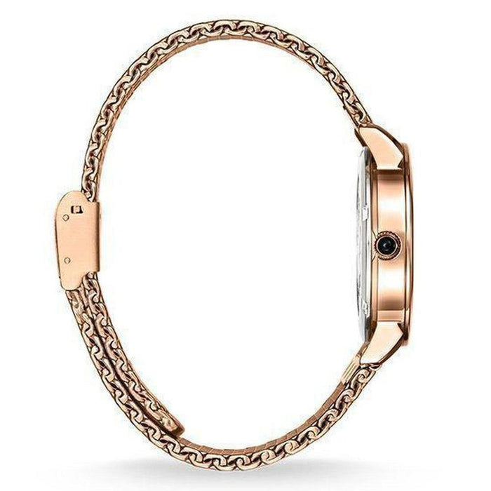 Rose gold watch with chain-link band; side profile view.