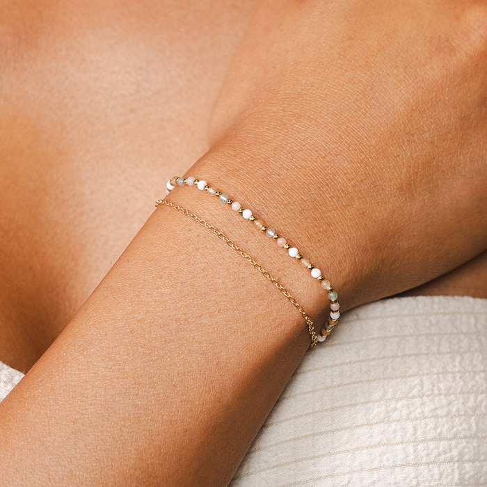 Good Fortune + Growth 2mm Layered Healing Bracelet, on wrist