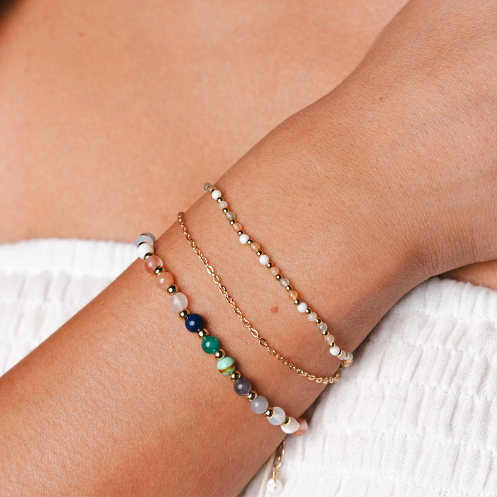 Good Fortune + Growth 2mm Layered Healing Bracelet, layered on wrist