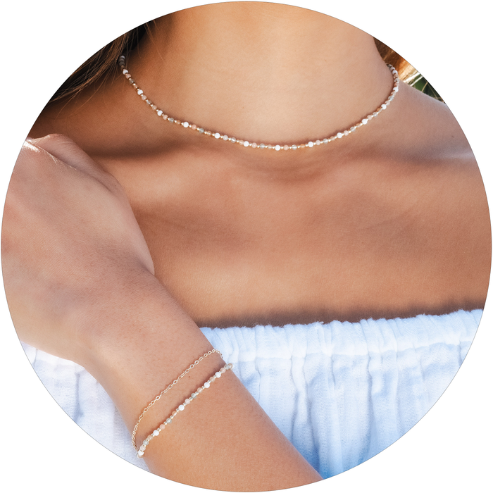 Good Fortune + Growth 2mm Necklace + Layered Bracelet Set, worn on the neck and wrist