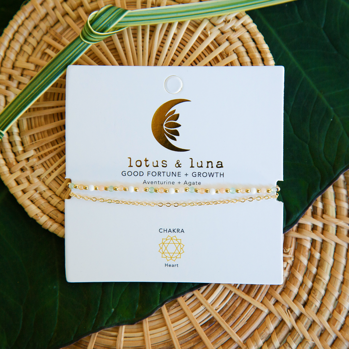 Good Fortune + Growth 2mm Necklace + Layered Bracelet Set, bracelet on brand card