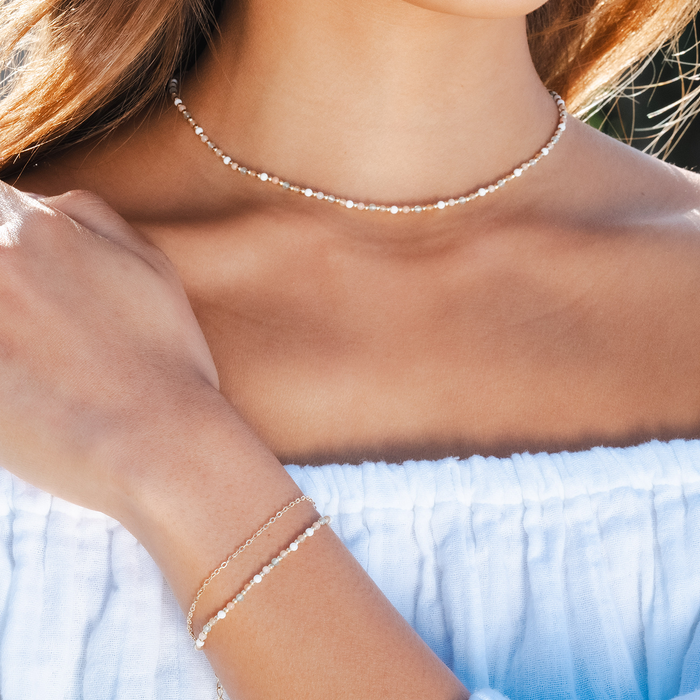 Good Fortune + Growth 2mm Necklace + Layered Bracelet Set, worn on the neck
