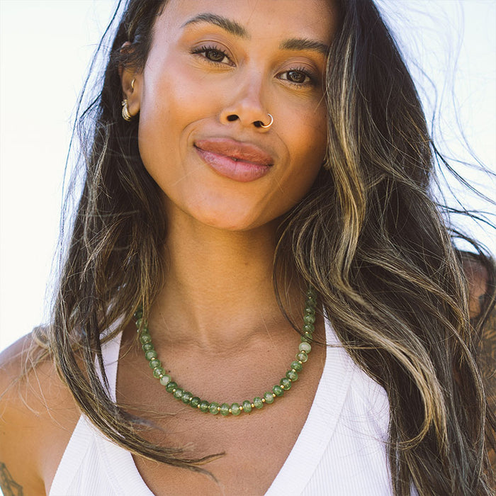 Good Fortune Statement Healing Necklace, worn on neck