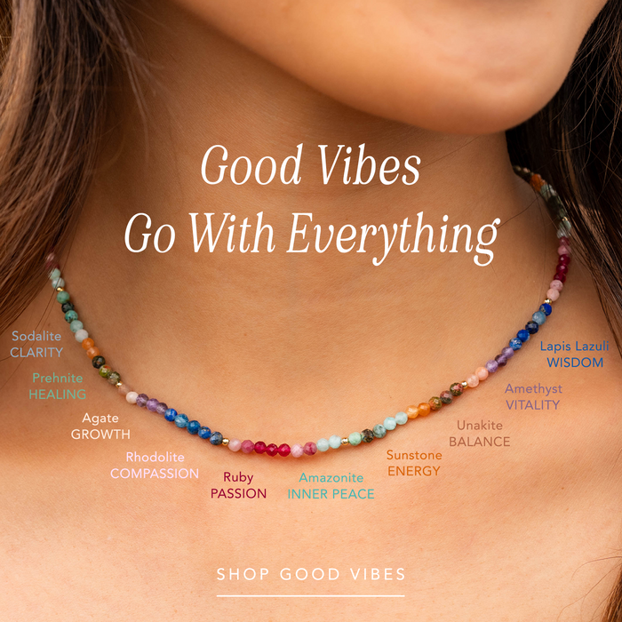 Good Vibes 3mm Healing Necklace, worn with stone labels