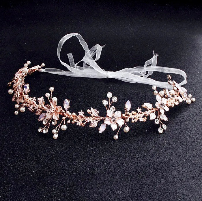 Wedding Hair Accessories - Rose Gold Swarovski Pearl and Opal Bridal Headband