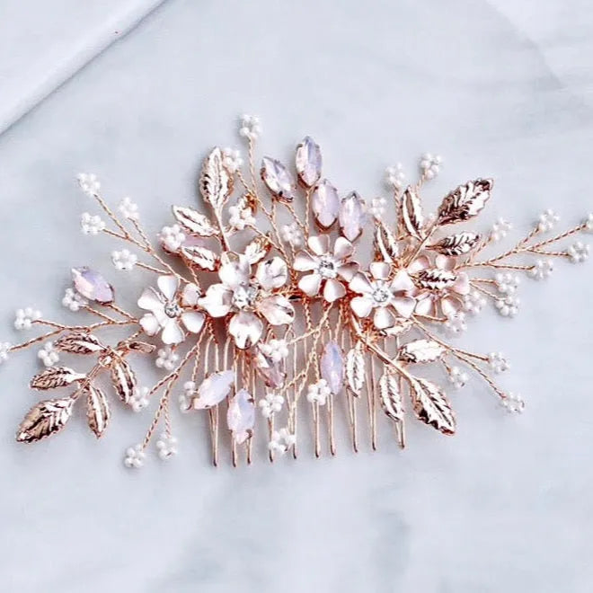 Wedding Hair Accessories - Rose Gold Swarovski Pearl and Opal  Bridal Hair Comb
