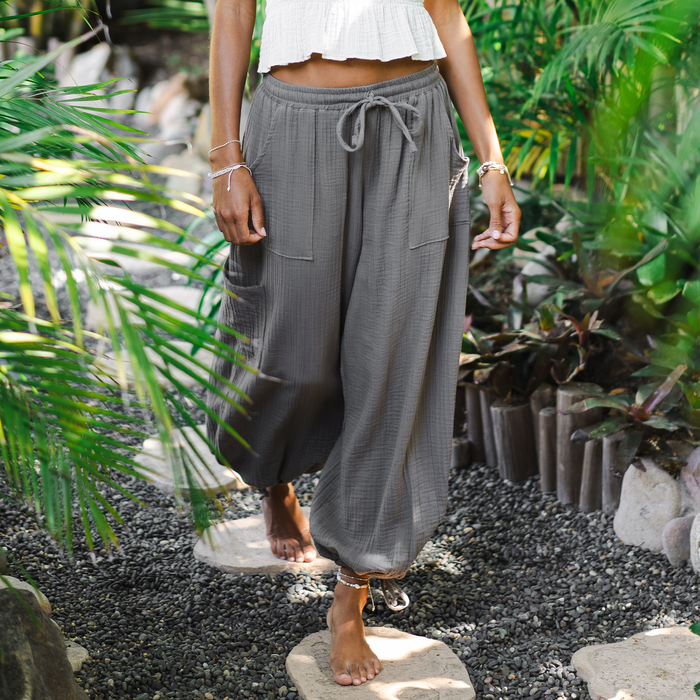 Granite Adventure Cargo Pants, worn walking on stepping stones