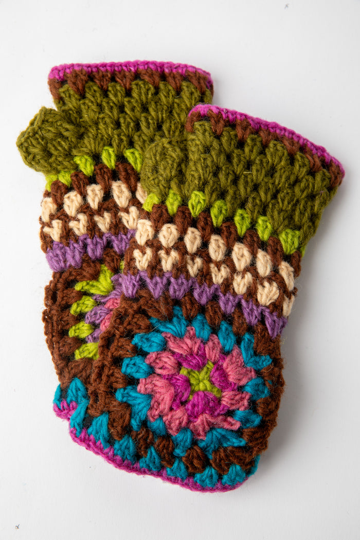 Granny Square Wool Fingerless Mittens in purple