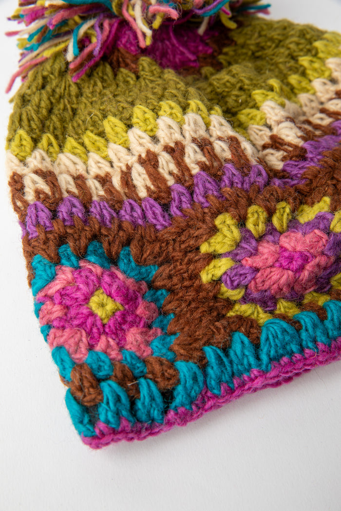 Granny Square Wool Pom Pom Hat in purple
