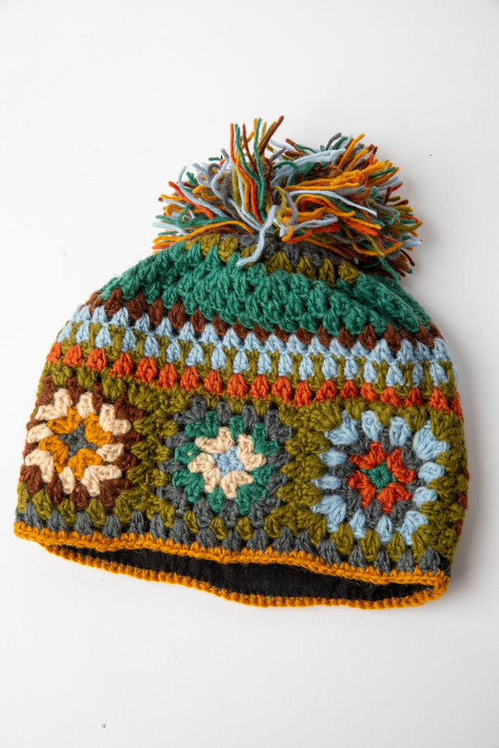 Granny Square Wool Pom Pom Hat in turquoise