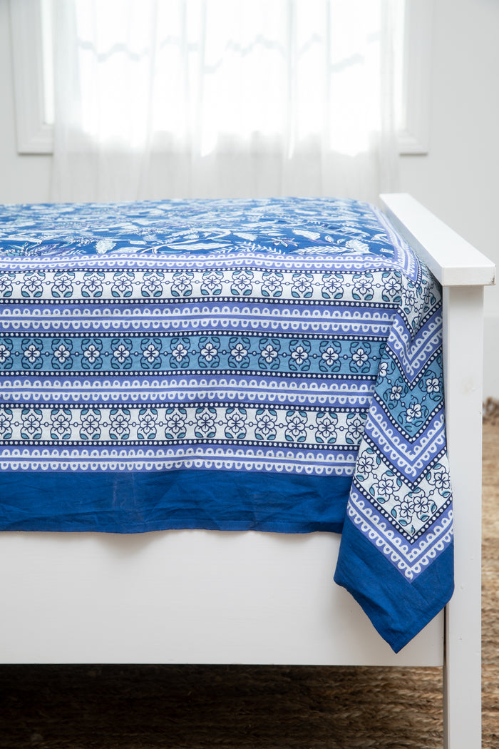 Hand printed India tapestry in blue garden