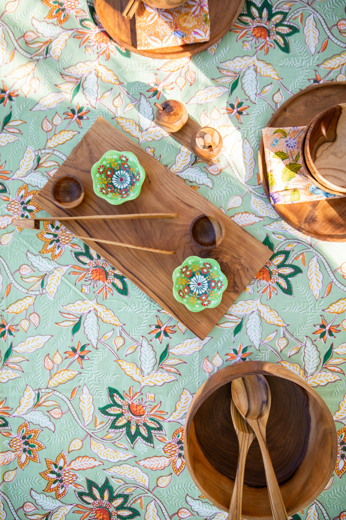 Wooden Teak table decor on a block print tablecloth
