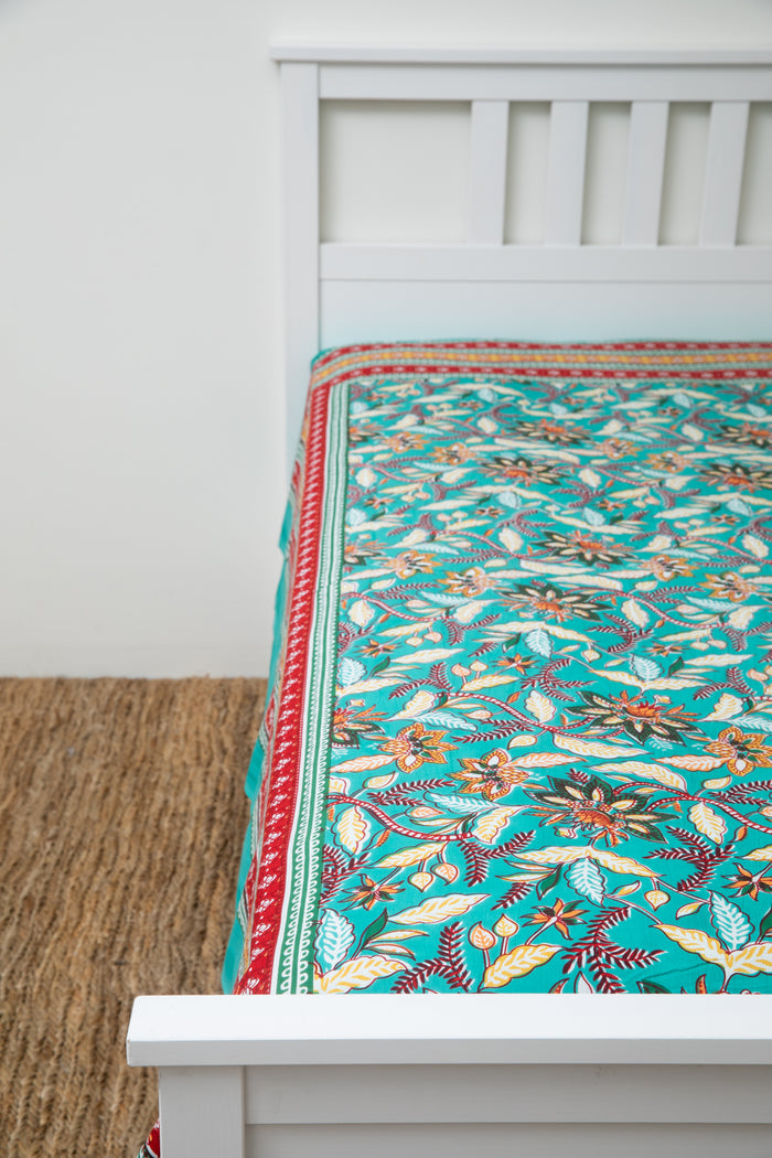 Hand printed India tapestry in teal garden